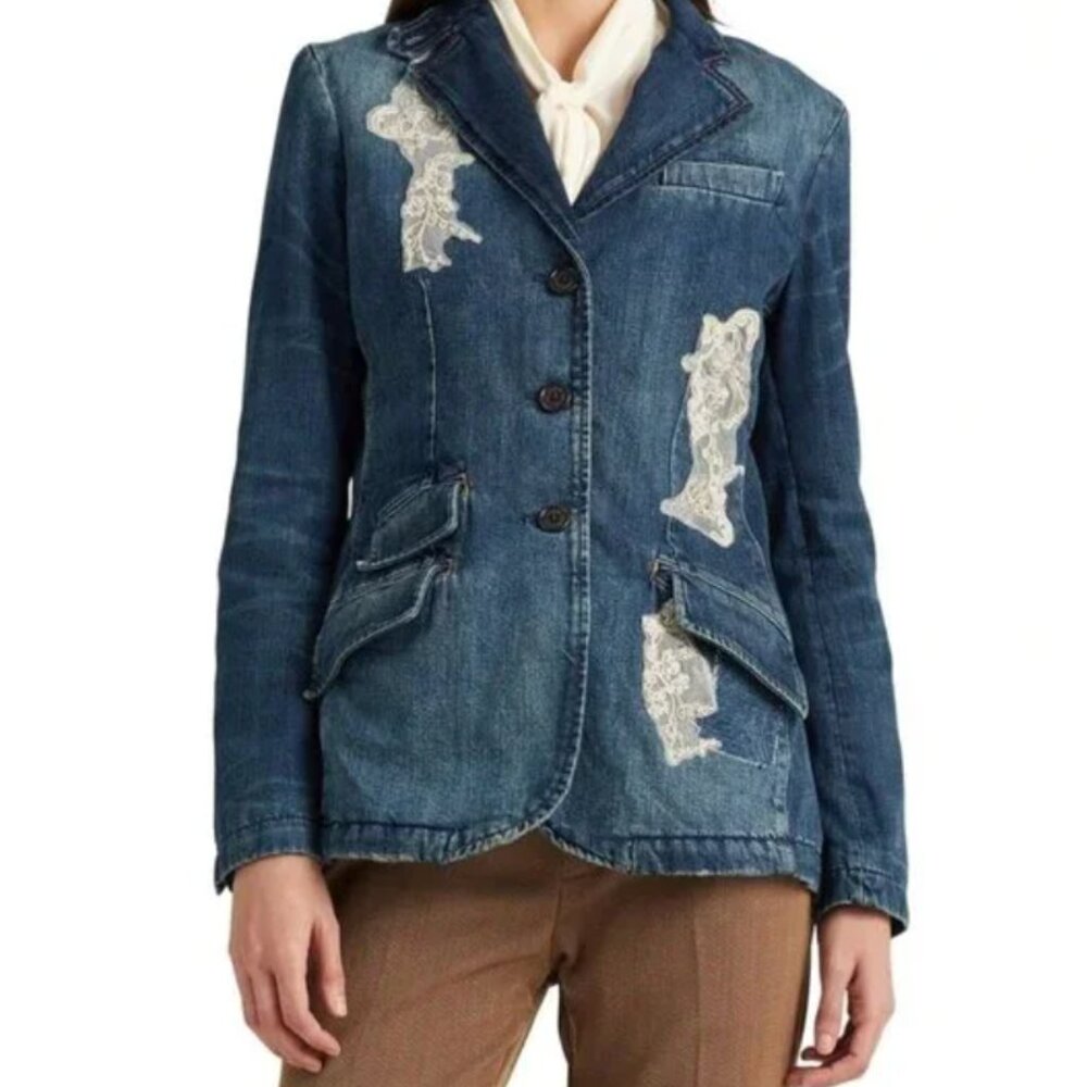 Lauren Ralph Lauren Lace Sequin Bead Applique Denim Indigo Jacket Blazer NWT